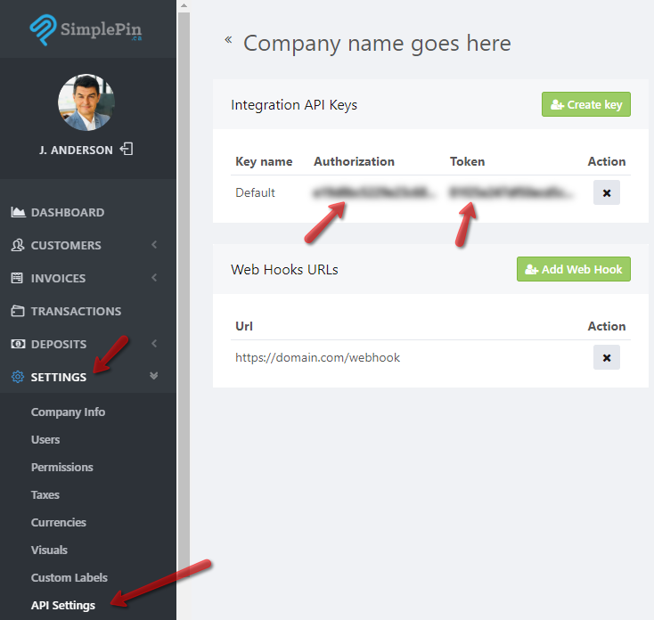 SimplePin. API settings. API keys configuration